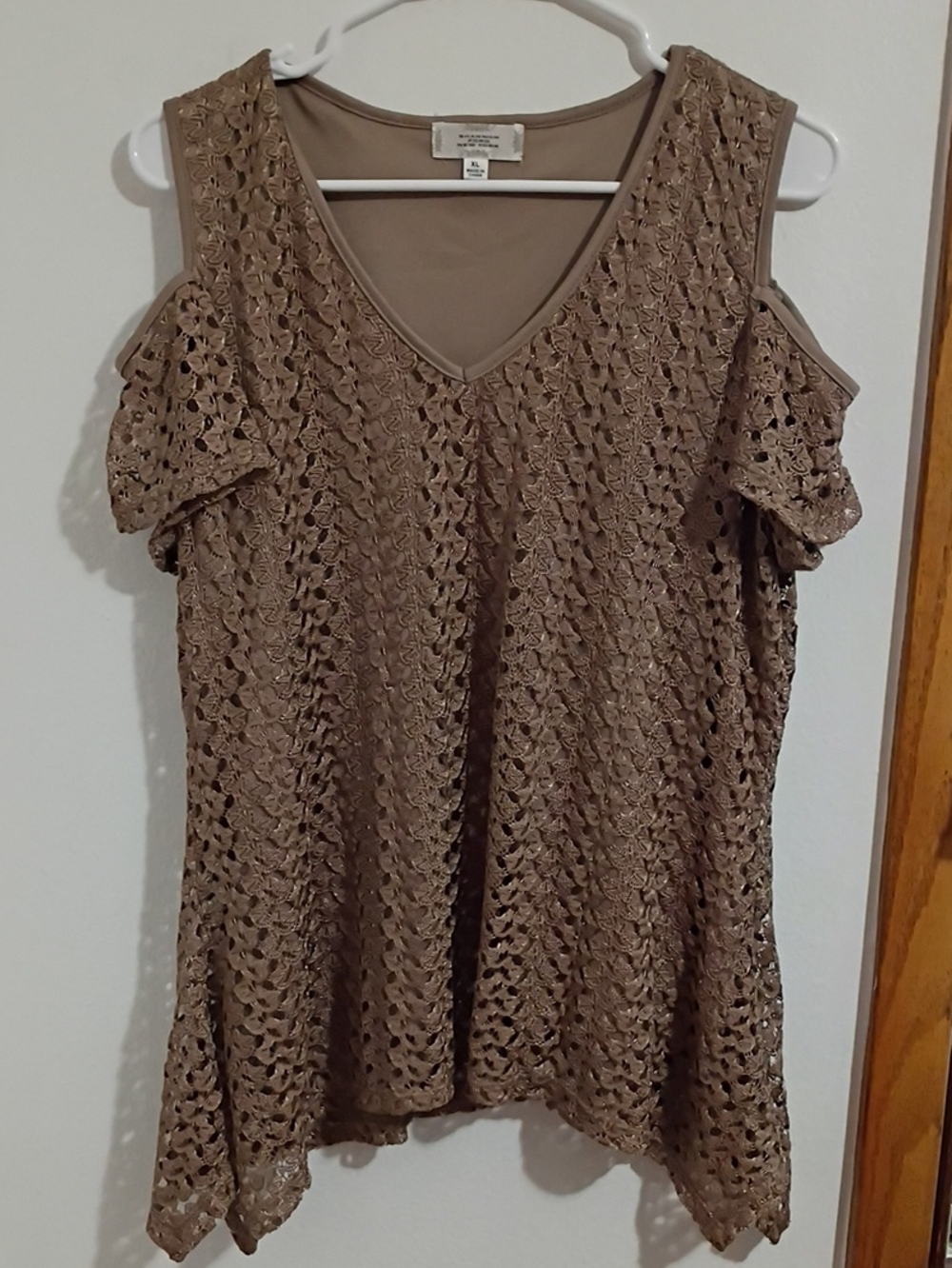 Shannon Ford New York Brown Crochet Cold-Shoulder Women's Top